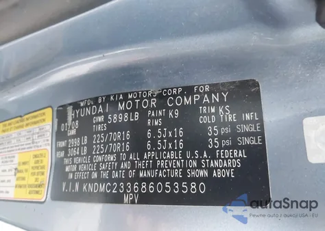 2008 Hyundai Entourage Gls/Limited z USA, uszkodzony, nr VIN KNDMC233686053580